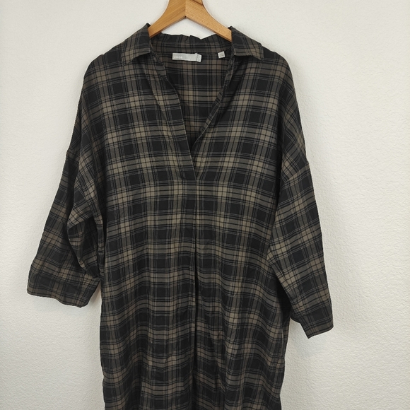Vince Plaid Easy Pullover Cotton Dress in Military Size Small V-Neck 3/4 Sleeve - Picture 5 of 13